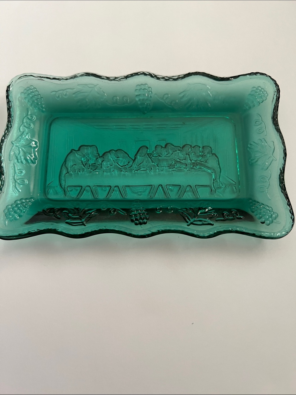 Vintage Tiara Indiana Glass "Last Supper" Green Tray Trinket Dish 5.5” x 3”
